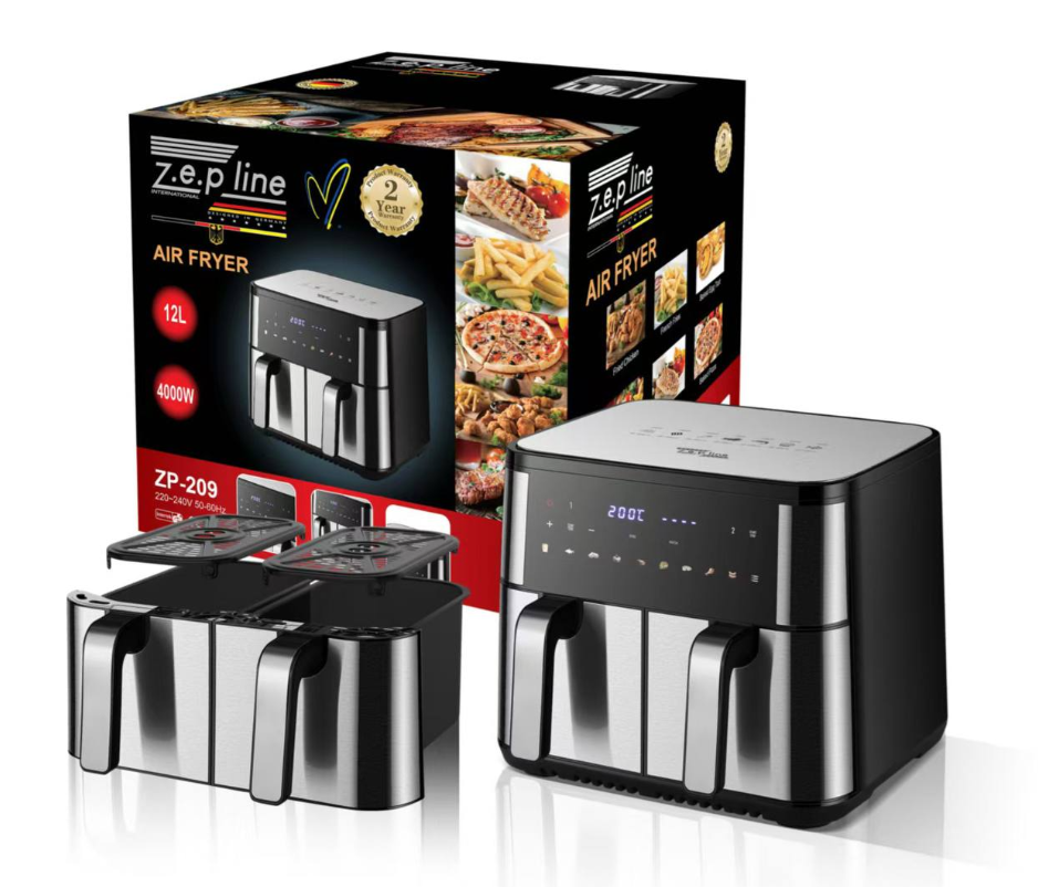 Безмасляная аэрофритюрница Zepline ZP-209 на 4000 Вт, с двумя чашами по 6 литров сенсорная с лед дисплеем.