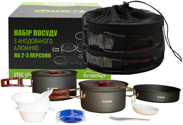Tramp UTRC-143 | Зручний, легкий і компактний набір туристичного посуду з анодованого алюмінію на 2-3 перони для приготування їжі, фото 1