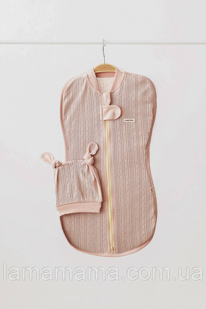Євро пелюшка 0-3 міс. кокон на блискавці з шапочкою Wind Пудра, фото 1