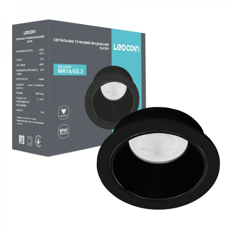 Вбудований світильник Ledcoin DL0390 G5.3/MR16 чорний 86x34 мм, фото 1