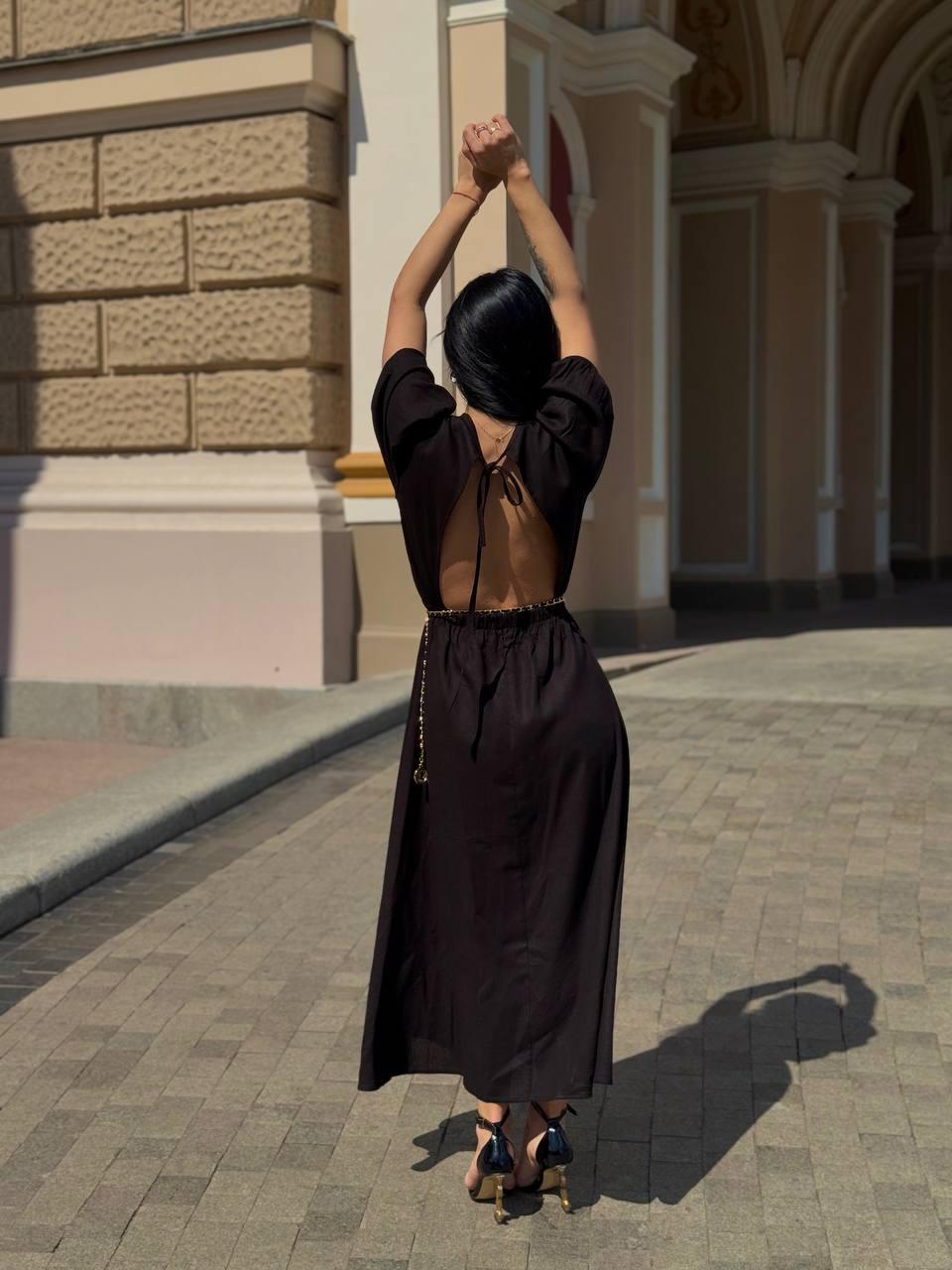 Жіноче лляне плаття з відкритою спиною, шнурівкою, еластичним поясом, довжиною в підлогу чорного кольору, фото 1