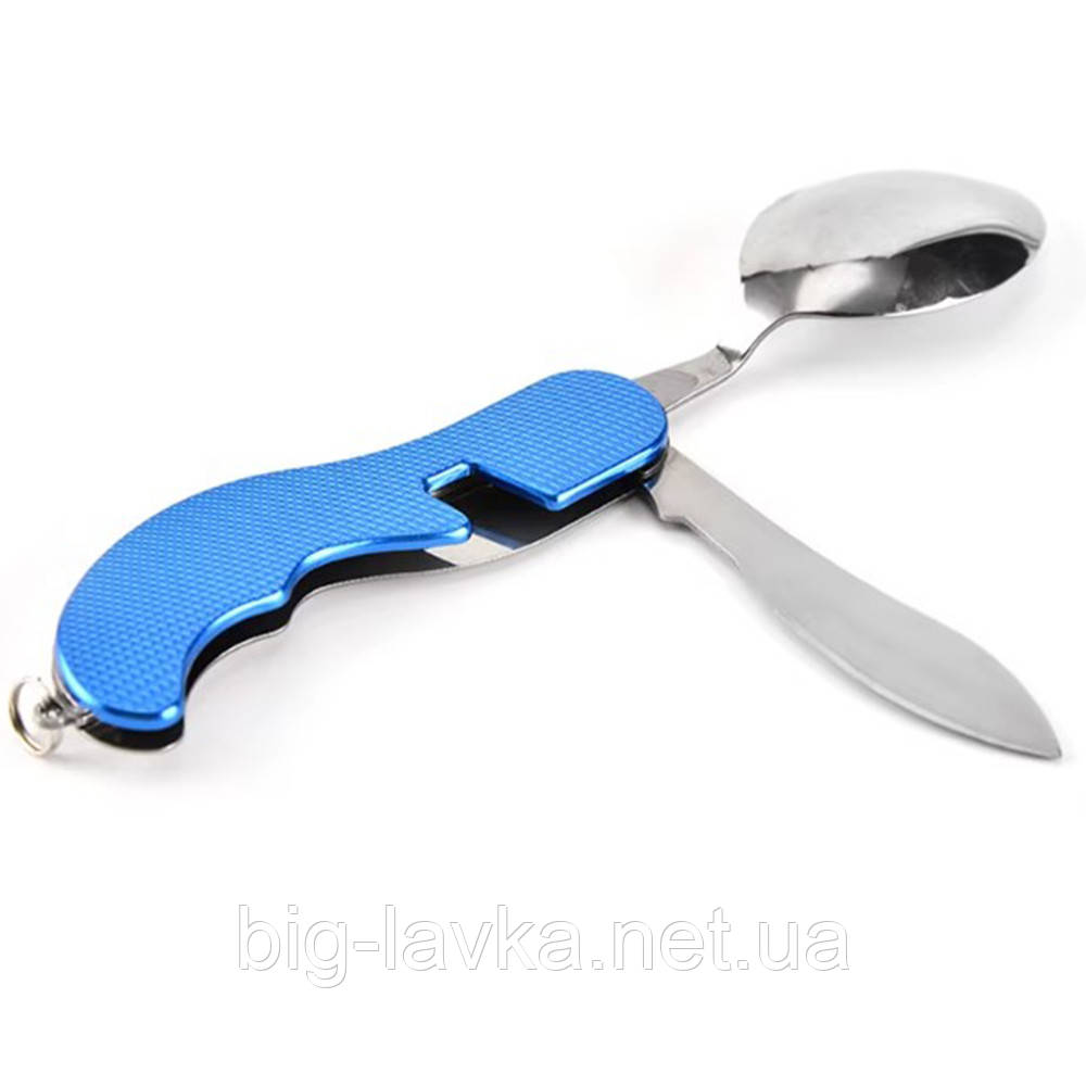 Складной многофункциональный инструмент 4 в 1 (ложка, вилка, нож и открывалка для бутылок)  Синий, фото 1