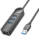 Перехідник Borofone DH6 Erudite 4in1 100 Mbps Ethernet (USB to USB2.0*3+RJ45) (1.2m) Black, фото 2