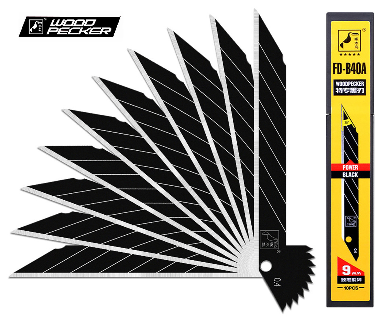 Леза для ножа 9 мм кут 30 ° Woodpecker чорні ультра гострі 10шт FD-B40A, фото 1