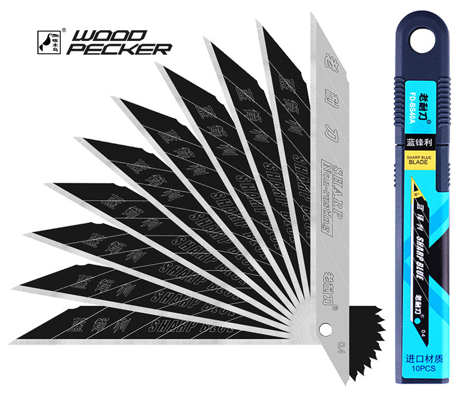 Леза для будівельного ножа 9мм чорні нержавіючі кут 30 ° Woodpecker 10шт FD-BS40A, фото 1