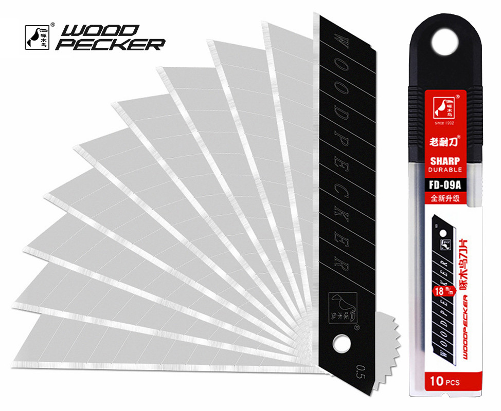 Леза для канцелярського ножа 18мм Woodpecker ультра гострі сірі 10шт FD-09A, фото 1