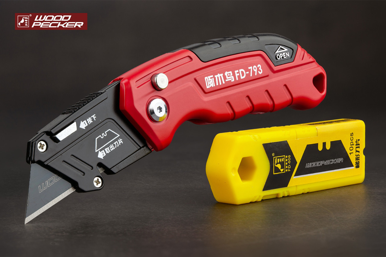 Ніж будівельний складаний трапецієподібний Woodpecker + 10 лез FD 793, фото 1