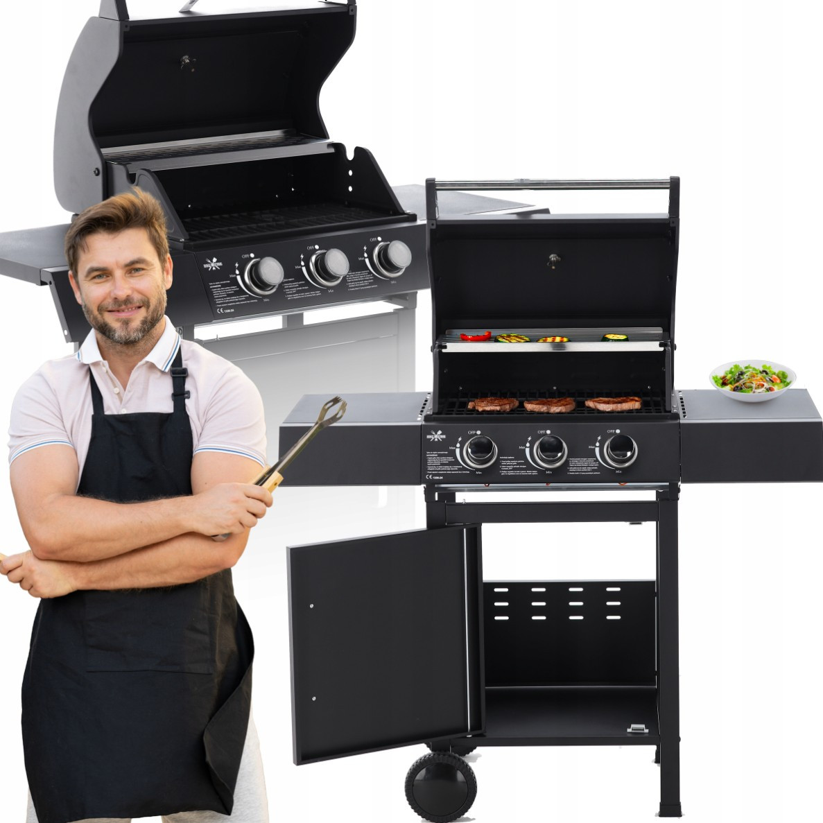 Гриль-барбекю газовий на 3 пальники 8,1кВт GardenLine BBQ8076 чавунні решітки, складані столики, редуктор