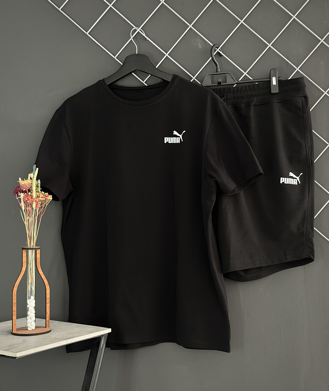 Чоловічий літній комплект Puma шорти чорні футболка чорний спортивний комплект Пума на літо