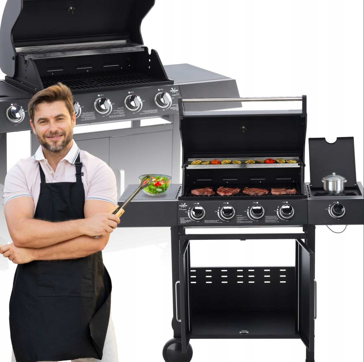 Професійний газовий гриль, барбекю, 13 кВт Garden Line BBQ8083 5 пальників (4+1) з боковим пальником, чавунна решітка, редуктор