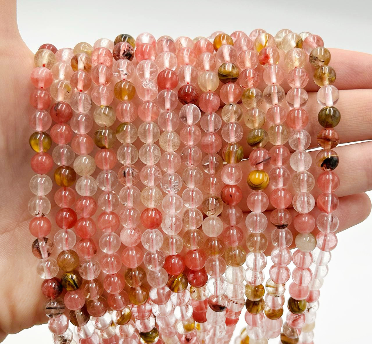 Намистини Полуничний кварц / Ø 6 мм / Натуральний / Нитка ≈ 58 намистин, фото 1