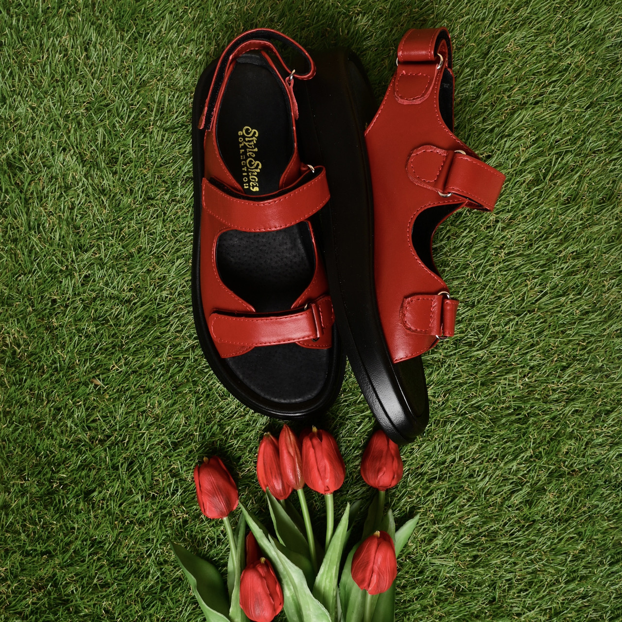 Босоніжки червоні жіночі на платформі на липучках "Style Shoes"