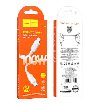 Кабель Hoco X96 Hyper 100W fast charging data cable Type-C to Type-C White, фото 3