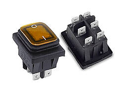 Перемикач клавішний герметичний ON-OFF 6 pin (срібло) прямокутний  з LED підсвічуванням. Жовтий.