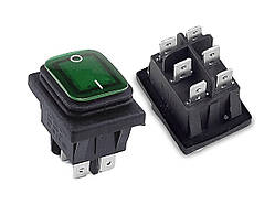 Перемикач клавішний герметичний ON-OFF 6 pin (срібло) прямокутний з LED підсвічуванням. Зелений.