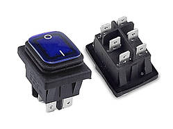Перемикач клавішний герметичний ON-OFF 6 pin (срібло) прямокутний з LED підсвічуванням. Синій.