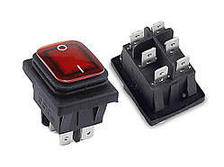 Перемикач клавішний герметичний ON-OFF 6 pin (срібло) прямокутний  з LED підсвічуванням. Червоний.