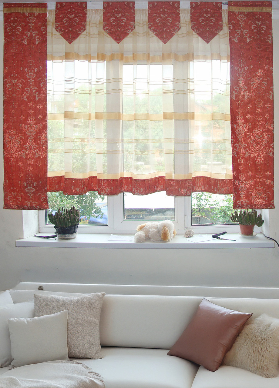 Комплект тюль та панельних шторок до підвіконня Firanka Arda карниз 200см теракотовий (21_8п), фото 1