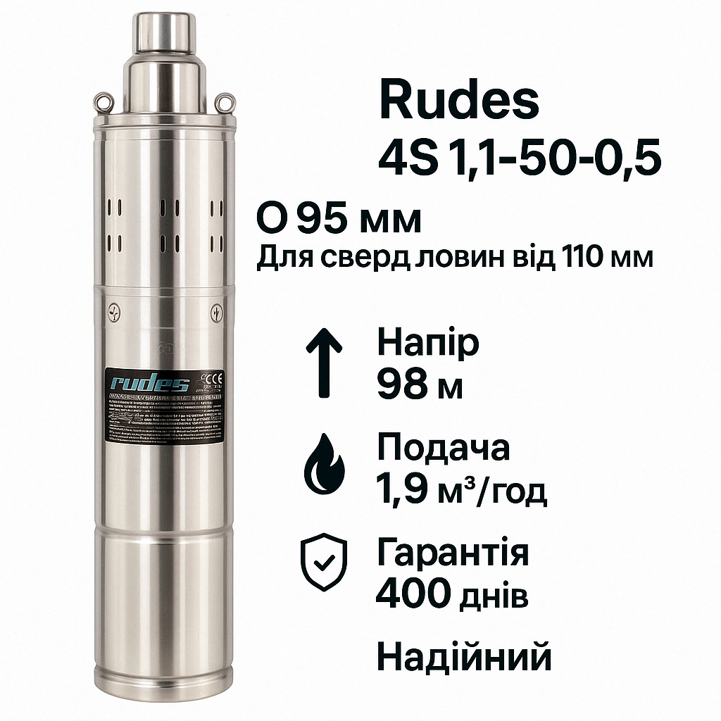 Шнековий свердловинний насос Rudes 4S 1,1-50-0,5 (1.9 м³/год) - надійний 4 дюйми, фото 1