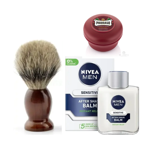 Помазок для гоління Schima + Proraso мило для жорсткої щетини сандал 150 мл + бальзам Nivea Men Sensitive 100 мл, фото 1