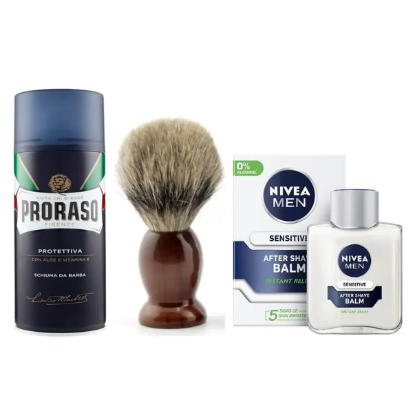 Помазок для гоління Schima + Proraso піна Aloe Vitamin E 400 мл + бальзам Nivea Men Sensitive 100 мл, фото 1