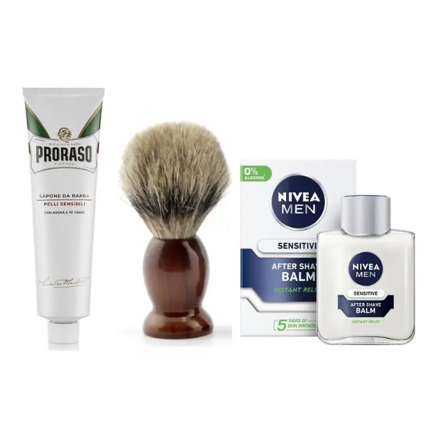 Помазок для гоління Schima + Proraso крем Sensitive 150 мл + бальзам Nivea Men Sensitive 100 мл, фото 1