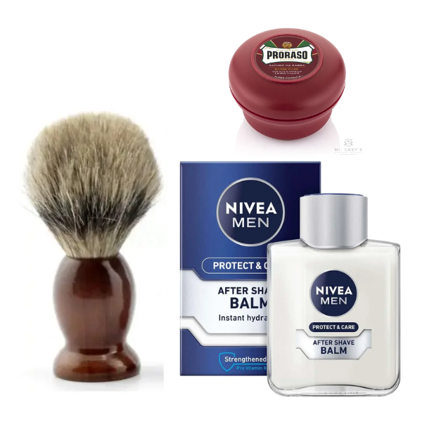 Помазок для гоління Schima + Proraso мило сандал 150 мл + бальзам Nivea Men Protect&Care 100 мл, фото 1