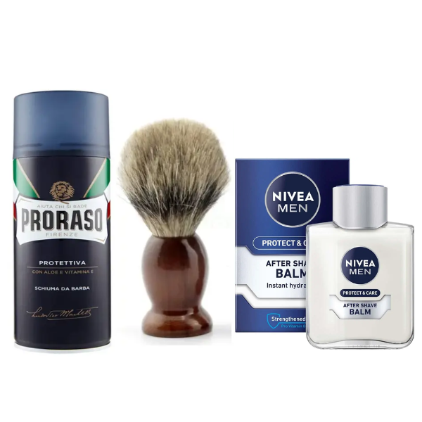 Помазок для гоління Schima + Proraso піна Aloe Vitamin E 400 мл + бальзам Nivea Men Protect&Care 100 мл, фото 1