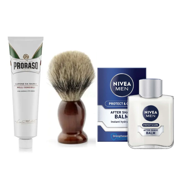 Помазок для гоління Schima + Proraso крем Sensitive 150 мл + бальзам Nivea Men Protect&Care 100 мл, фото 1