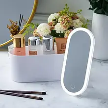 Органайзер для косметики з дзеркалом та підсвіткою USB, ручка, білий, 23x10x11.5 см