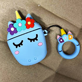 Чохол для AirPods 2/1 series - Unicorn (Єдиноріг) + кільце, силіконовий, Блакитний