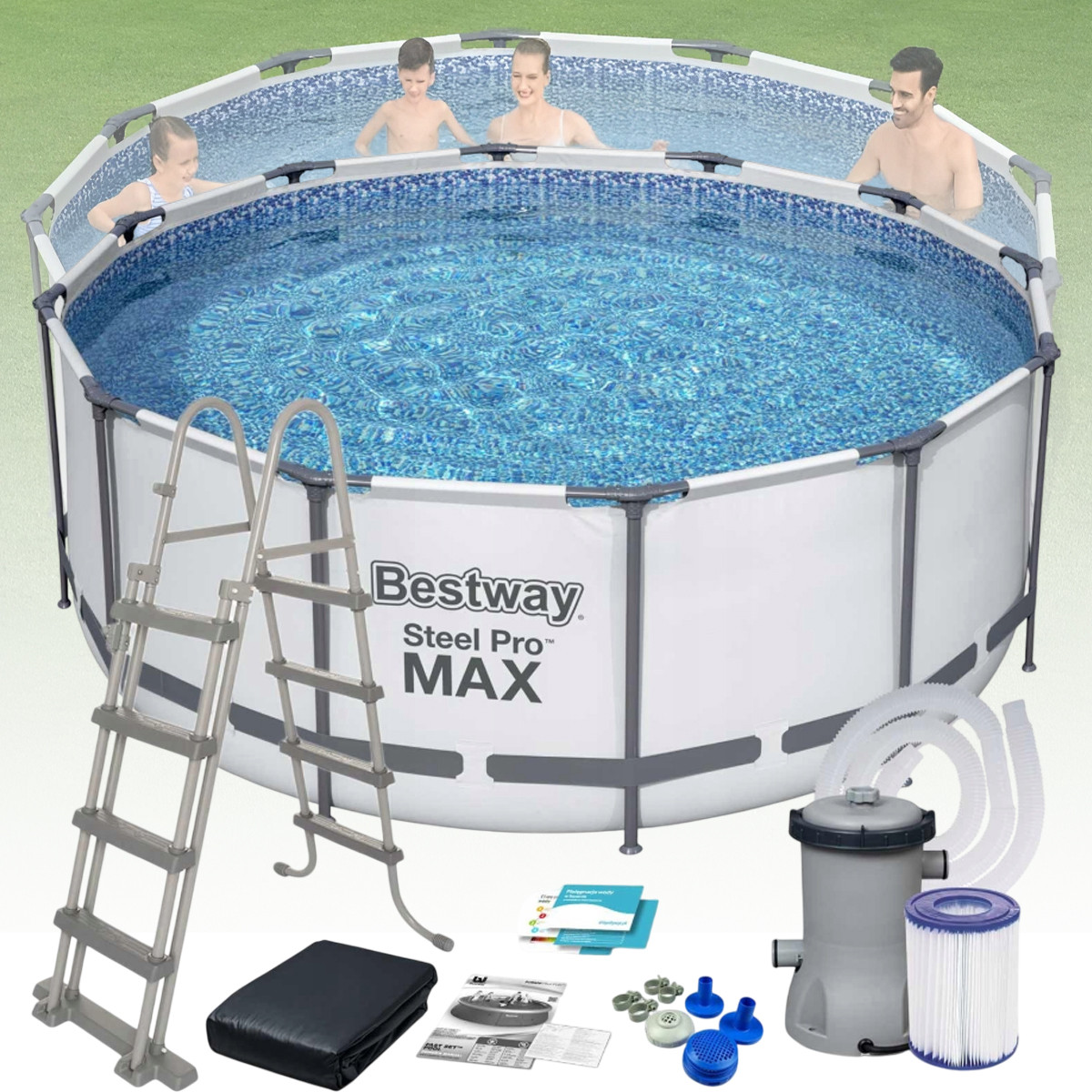 Круглий каркасний басейн з фільтром та тентом Bestway 56420 для дачі 366 x 122 см на 10250 л Сірий