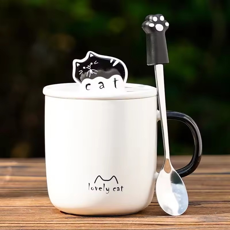 Подарунковий набір "Котик" — керамічна кружка з кришкою-підставкою для телефону та ложкою, сервіз., фото 1