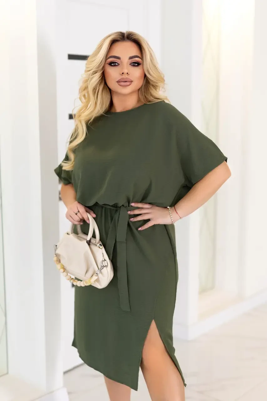 Жіноча сукня кольору хакі з гумкою на талії з ременем із креп жатки з короткими рукавами, фото 1