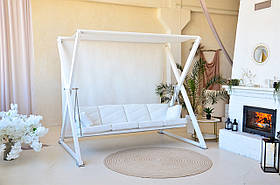 Садова гойдалка Білий лотос Преміум 4-місне сидіння біле в тканині-тедді