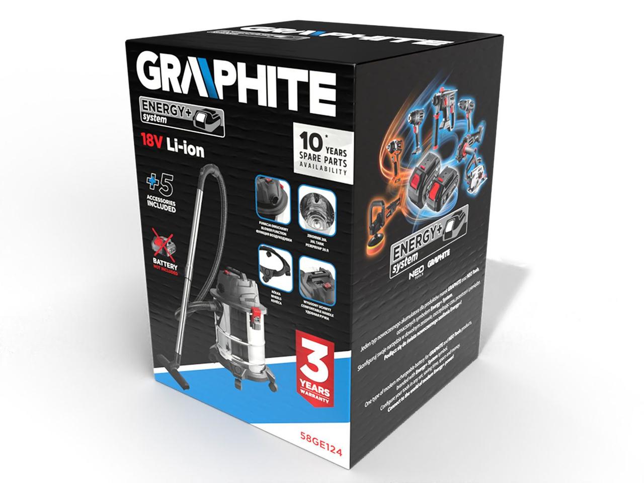 Graphite professional battery vacuum cleaner Energy+ 18V, container 20 l, 4.03 kg, without battery and spare