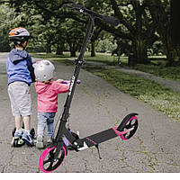 Самокат для дітей підлітків та дорослих до 100 кг алюмінієвий з ручним гальмом рожеві колеса для дівчинки