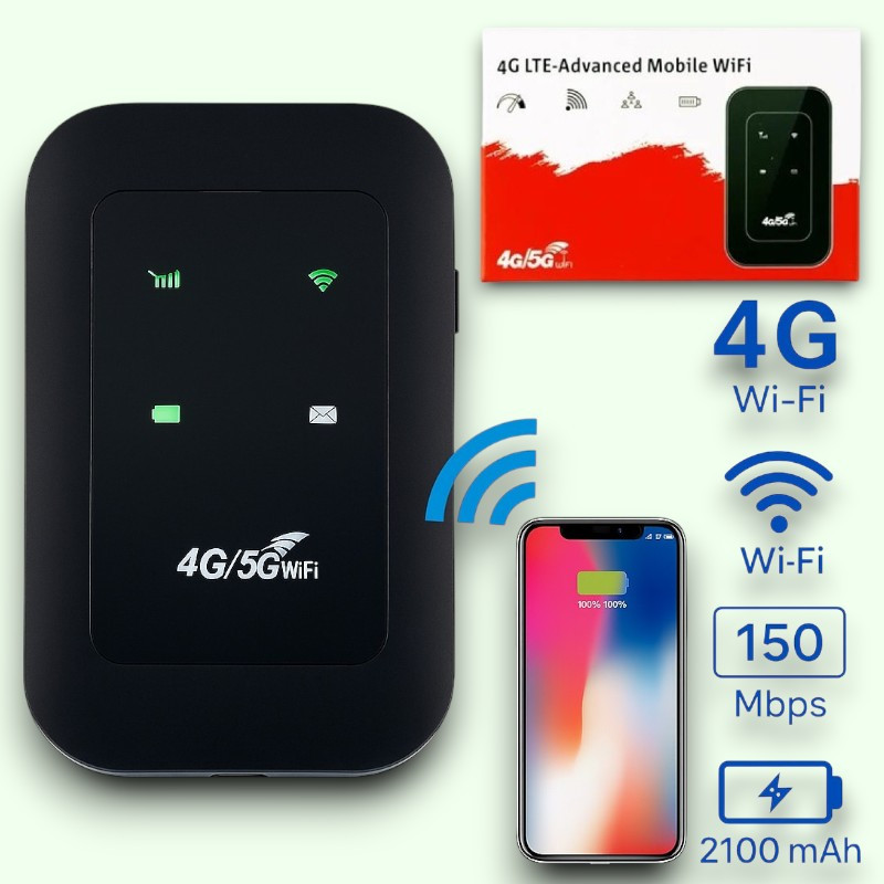 Портативний 4G Wi-Fi модем MF800-5 LTE до 150 Мбіт/с, мобільний роутер з SIM, акумулятор 2100 мАг (чорний)