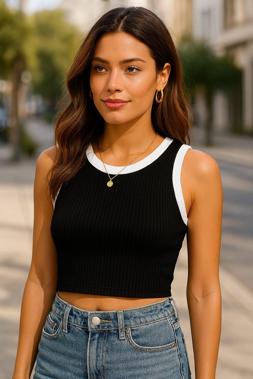 Повсякденний топ-майка в рубчик чорний, фото 1