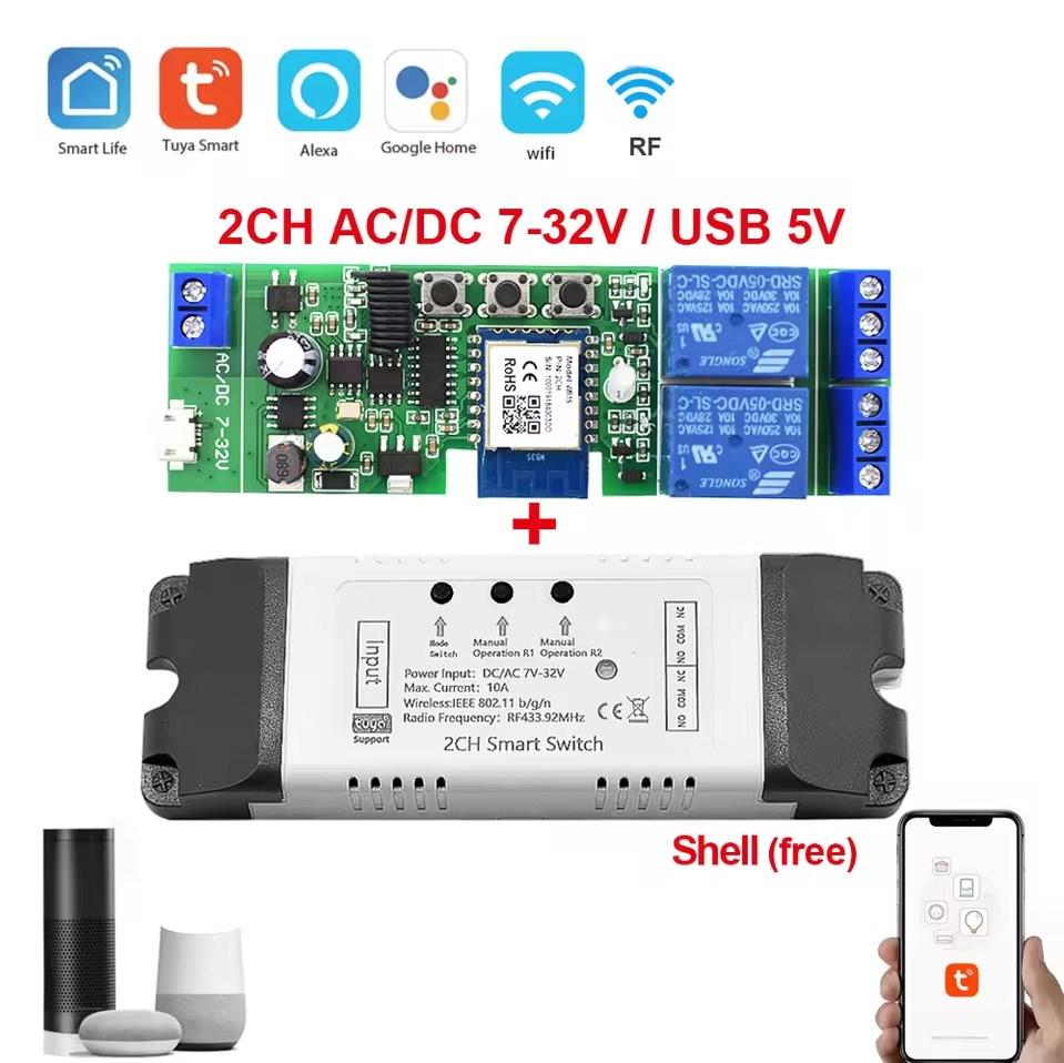 2х-канальне Wifi RF реле Tuya Smart Life сухий контакт, реле для воріт Tuya з радіо модулем 7-32В