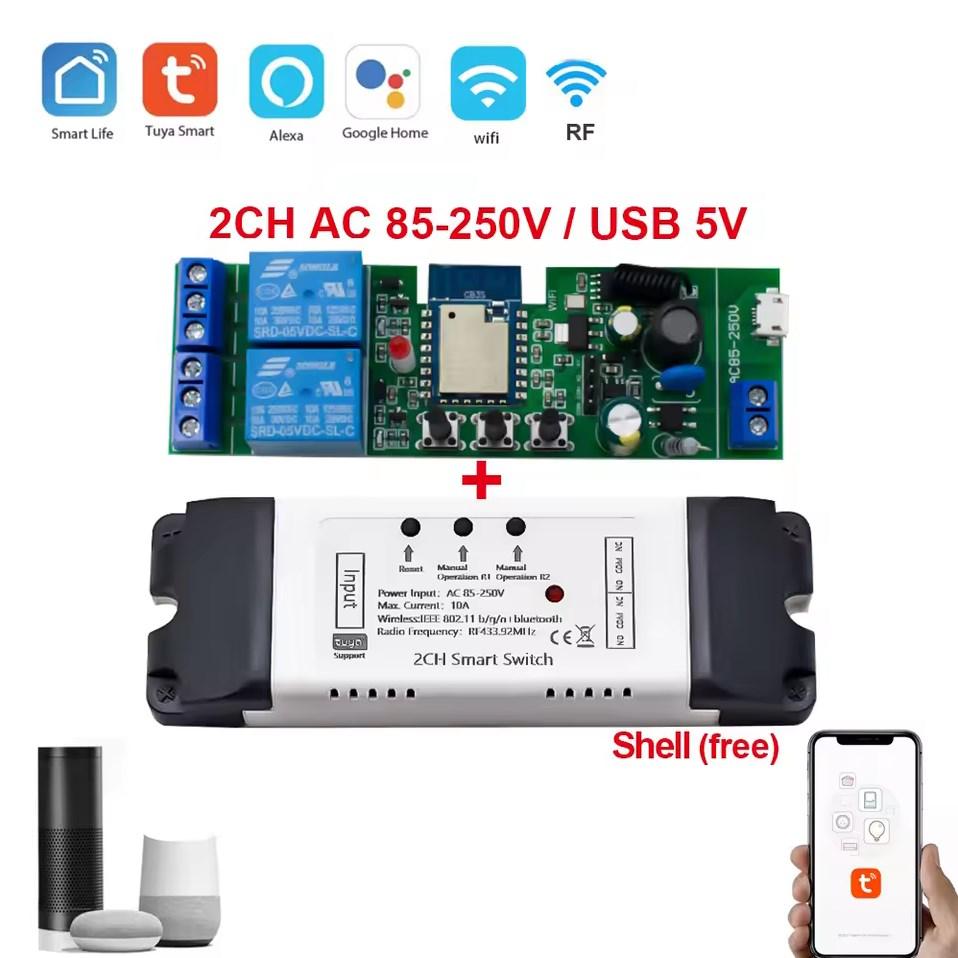 2х-канальне Wifi RF реле на 220В Tuya Smart Life сухий контакт, реле для воріт Tuya з радіо модулем