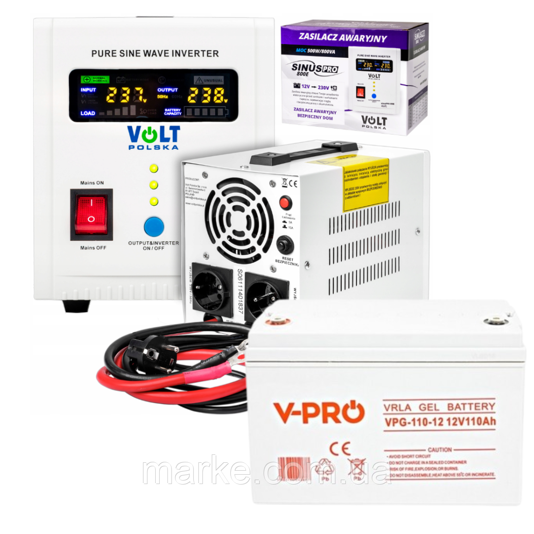 Аварійний комплект Volt Polska SINUS PRO 800 E 12/230V 500/800W + Акумулятор Green Cell AGM VRLA 100Ah 12V (mrk)