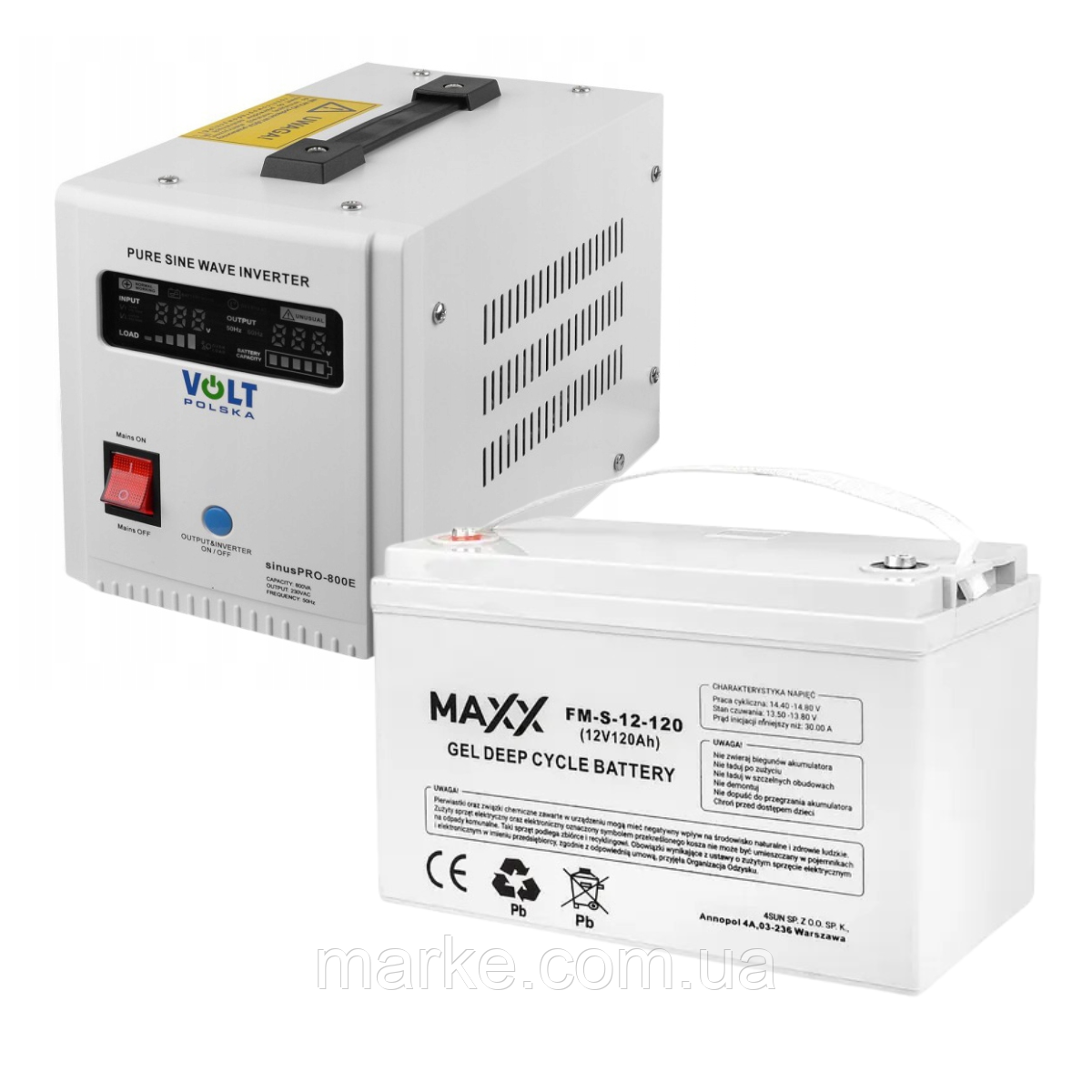 ДБЖ/Інвертор Volt Polska SINUS PRO 800 E 12/230 V 500/800 W + Акумулятор гелевий 4SUN MAXX GEL 120 Ah (mrk)