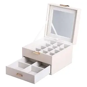 Скринька для прикрас на 2 яруси з дзеркалом 16х16х12 см Кейс-органайзер з еко шкіри білий
