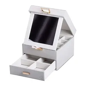 Скринька для прикрас на 2 яруси з дзеркалом 16х16х12 см Кейс-органайзер з еко шкіри сірий