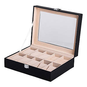 Скринька для прикрас та аксесуарів 25,5х20х7,5 см Кейс-органайзер з еко шкіри на 10 відсіків чорний