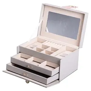 Скринька для прикрас на 3 яруси з дзеркалом 22,5х15,5х13 см Кейс-органайзер з еко шкіри сірий