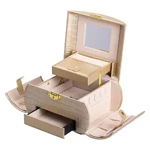 Скринька для прикрас на 3 яруси з дзеркалом 24х17х18 см Кейс-органайзер з еко шкіри золотистий