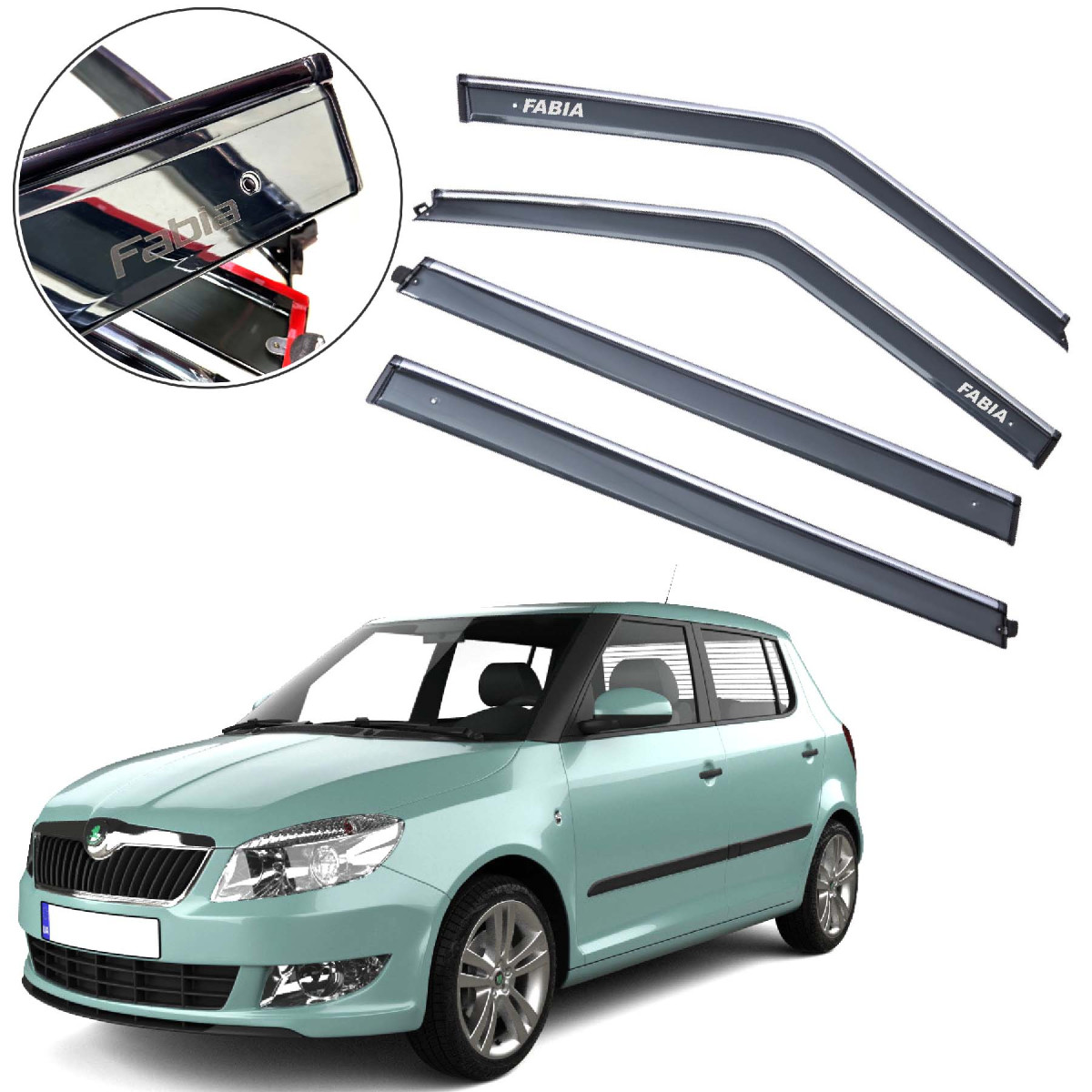 Дефлектори вікон вітровики для Skoda Fabia 2007-2014 Хетчбек 3D молдинг нержавіюча сталь (Benke), фото 1