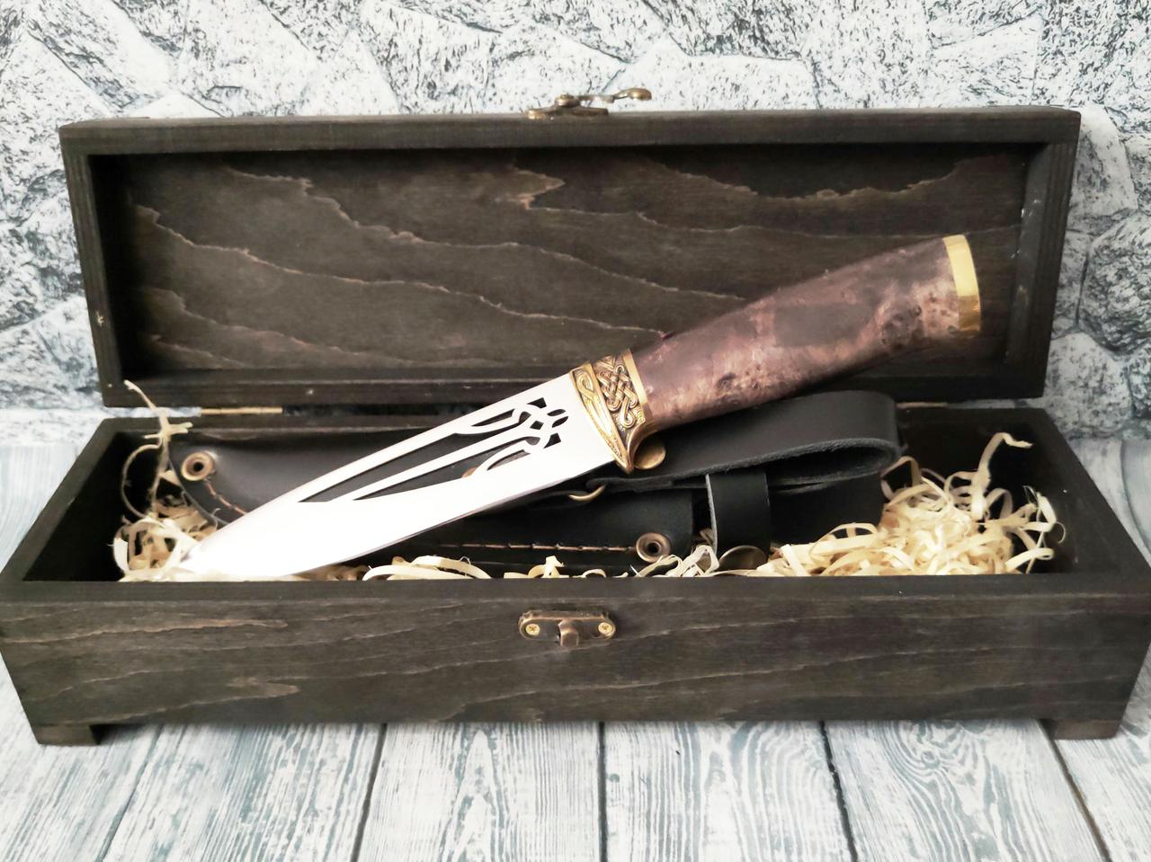 Подарунковий ніж ручної роботи "Тризуб-3" в дерев'яному футлярі, фото 1